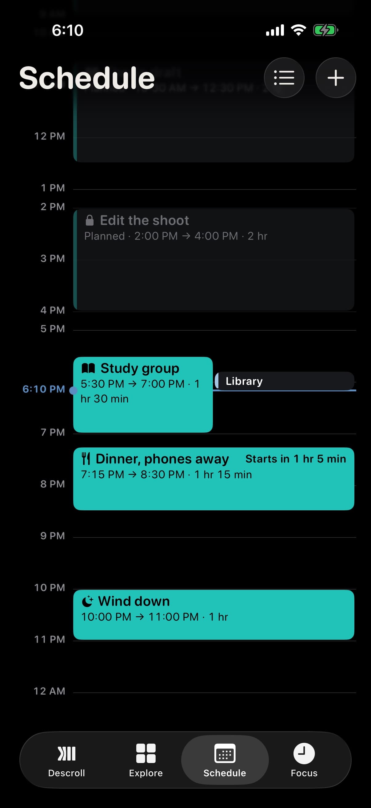 Schedule with today's time blocks